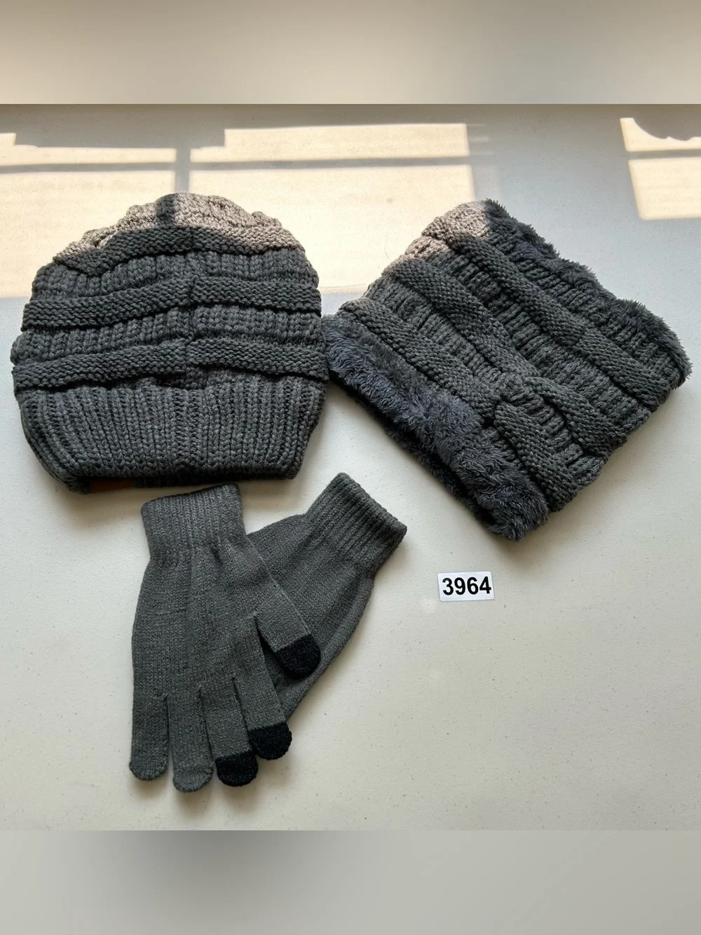 Loritta Gray Winter Beanie Neck Warmer Gloves Set Women's Soft Knit Gift Set
